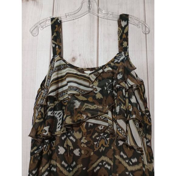 Ruffled Sleeveless Top Brown Aztec Print Blouse Sleeveless Casual Tank - Picture 3 of 7